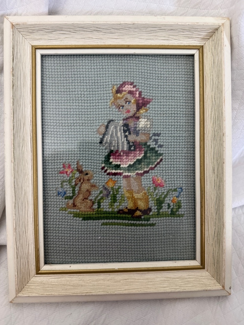Vintage Hummel Style Needlepoint Framed Art Girl with Bunny 9.75”x 7.75”